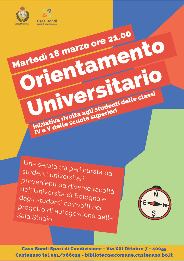 Locandina colorata con informazione riguardante l'evento: orientamento universitario. QR code per aggiornamenti casa biondi.