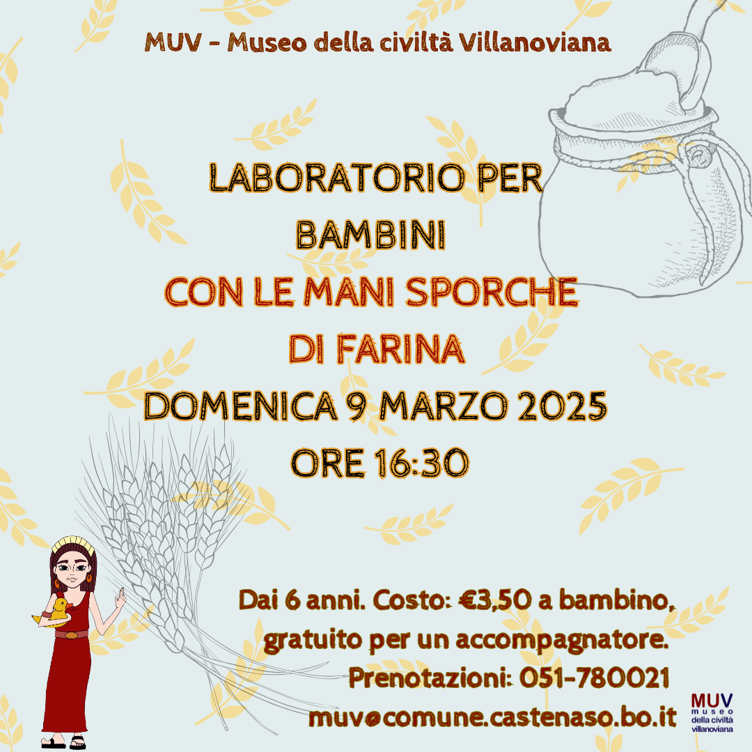 Locandina laboratorio bambini con le mani sporche di farina. Sfondo chiaro con un sacco di farina, immagine di una ragazza che indossa un vestito rosso e sostiene una papera.
