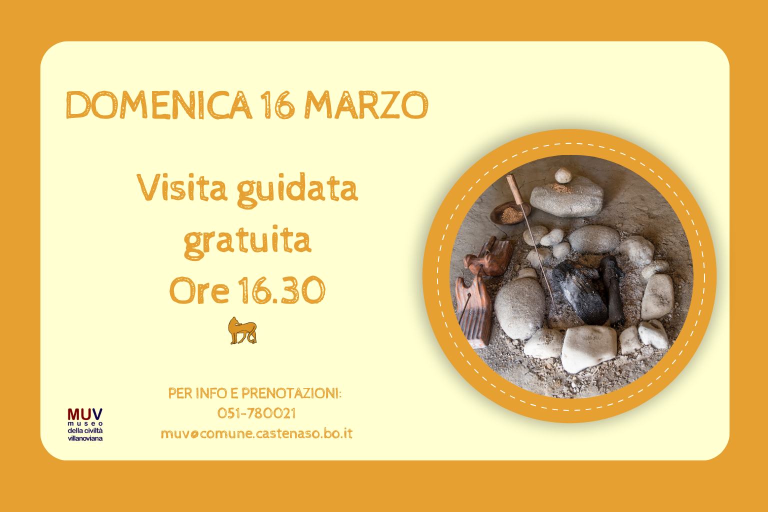 Locandina per visita guidata. Sfondo con tonalità di giallo chiaro e scuro, e immagine circolare di un falò.