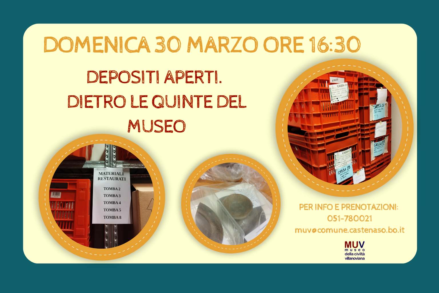 Locandina depositi aperti. Sfondo con tonalità di giallo chiaro e scuro, cornice verde scuro. Ci sono tre immagini circolari, ogni una contiene reperti che custodisce il museo.