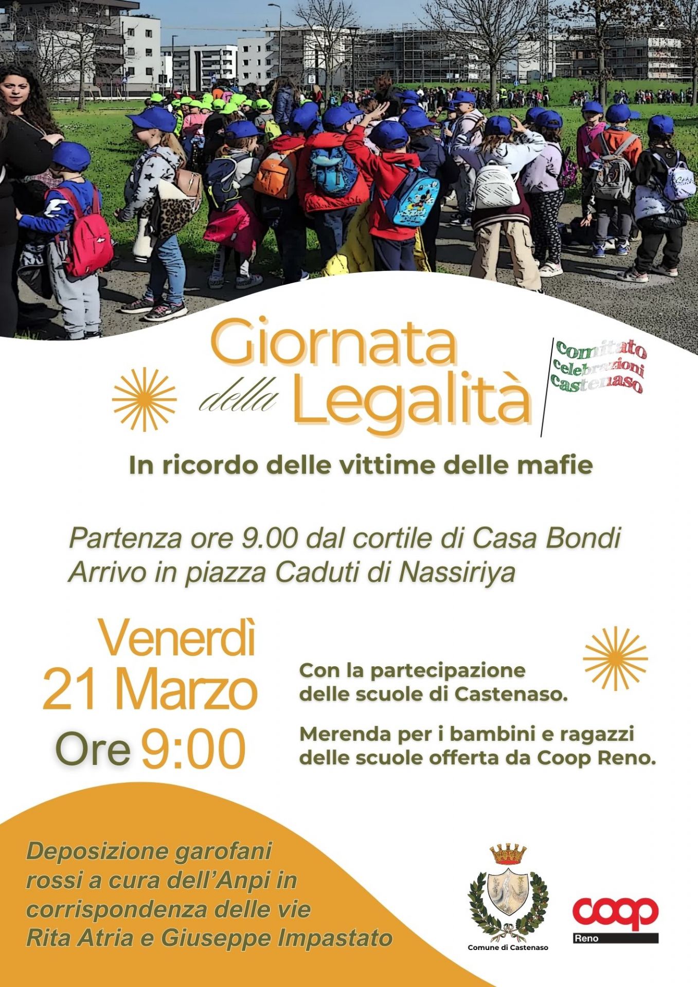Locandina giornata della legalità, in alto la foto dei ragazzi e ragazze delle scuole di Castenaso durante la camminata. Informazione generale dell'evento.