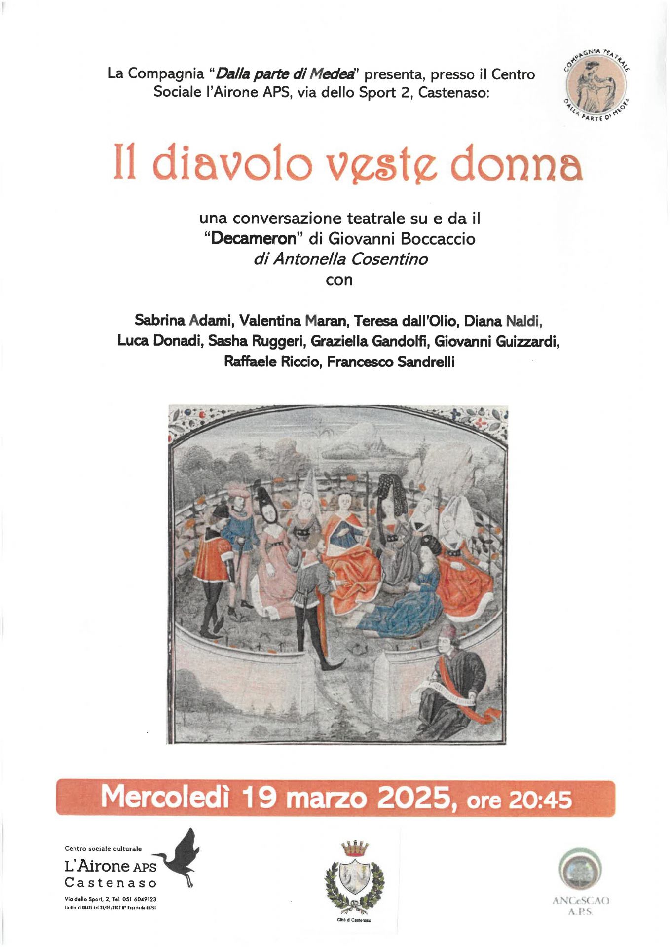 Locandina evento teatrale "Il diavolo veste donna" informazione generale del evento. Sfondo bianco con una foto centrale di artisti sul palco scenico.