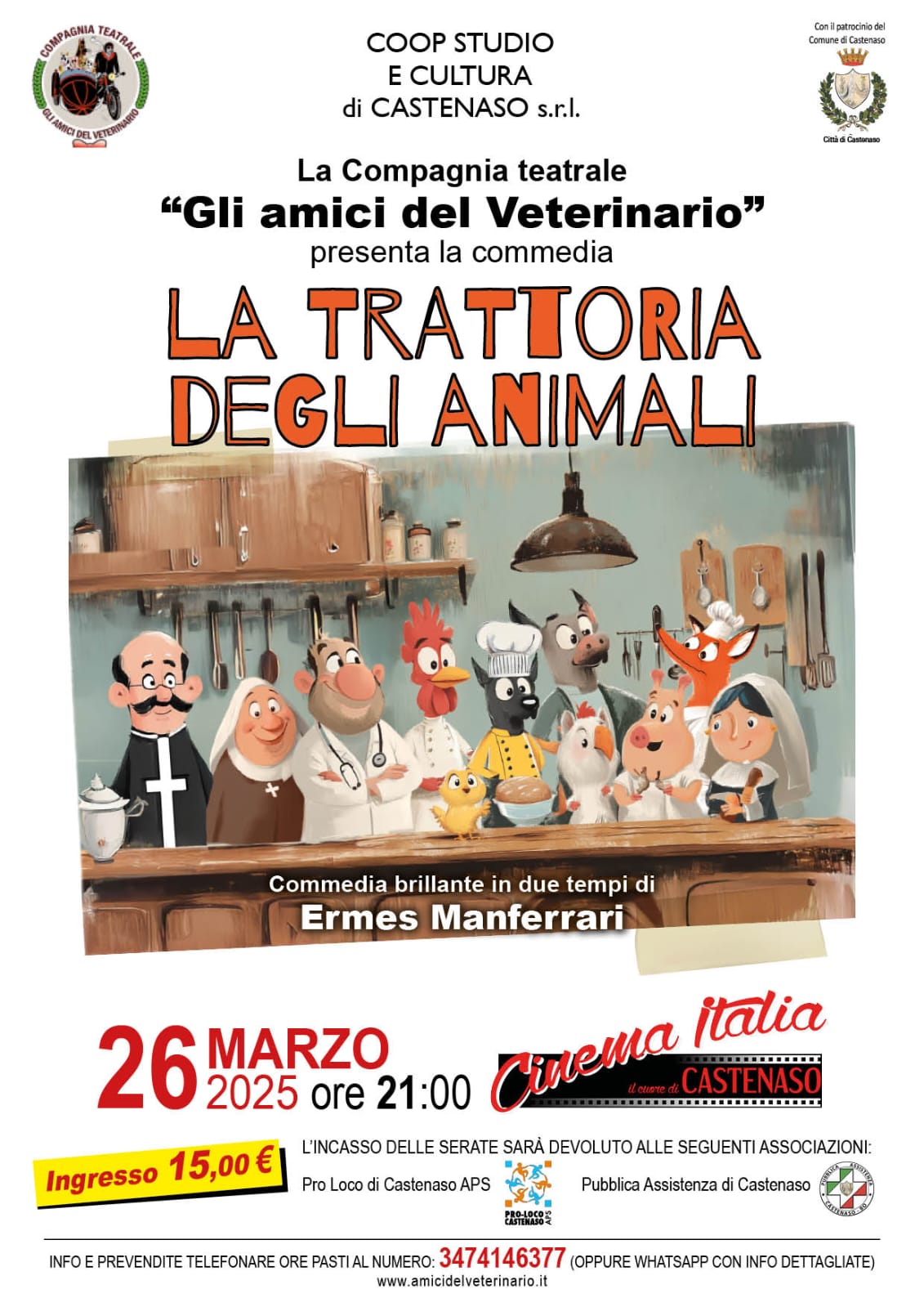 La locandina presenta una fotografia centrale che immortala una scena animata nella cucina della 'Trattoria degli Animali', dove animali e umani collaborano.