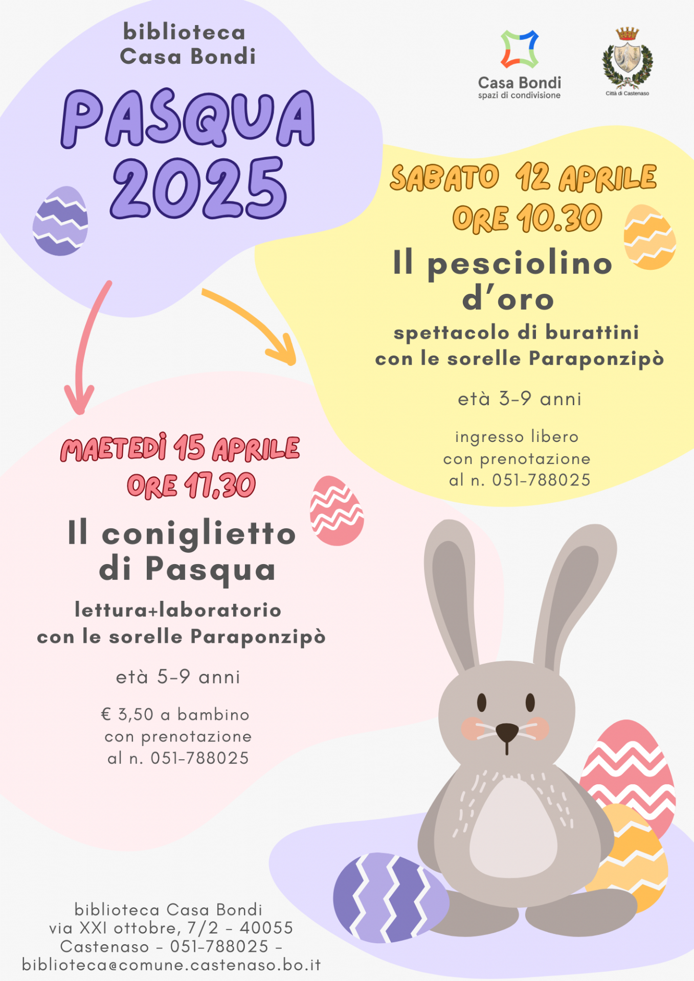 Locandina eventi pasquali per bambini: "Il coniglietto di Pasqua" (lettura + laboratorio) e "Il pesciolino d'oro" (spettacolo di burattini)