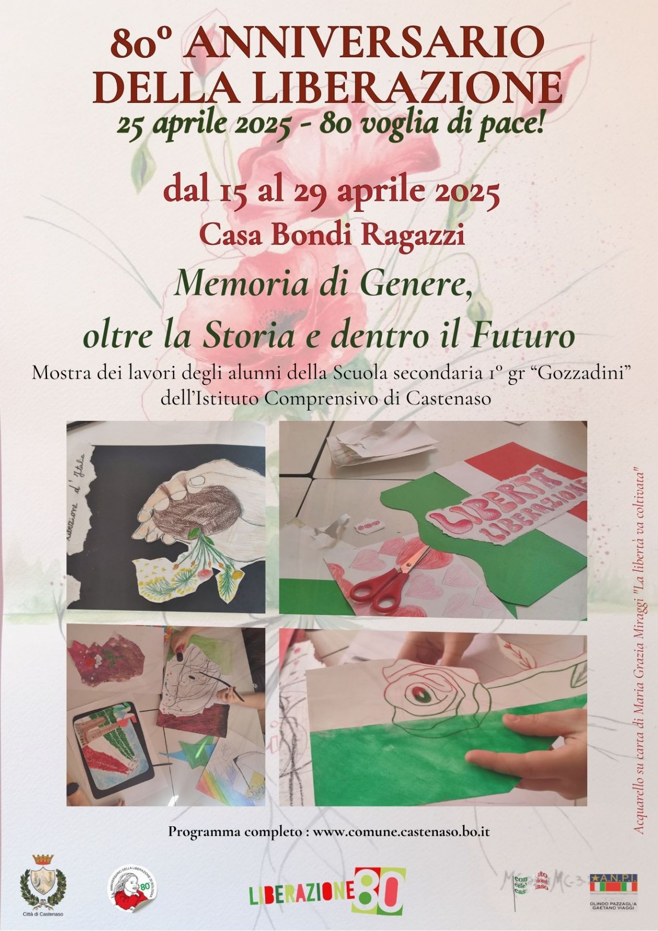 Locandina mostra memoria di genere. L'immagine di sfondo è un acquerello intitolato "La libertà va coltivata" di Maria Grazia Miraggi. In primo piano ci sono 4 foto: lavori dei ragazzi della scuola Gozzadini. 

