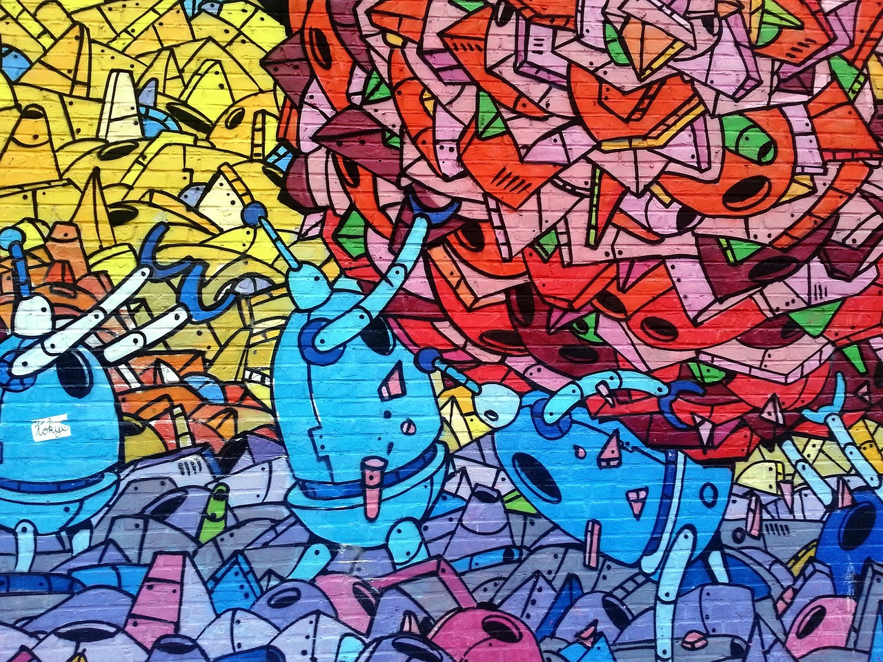 Immagine colorita di street art, disegno robots 