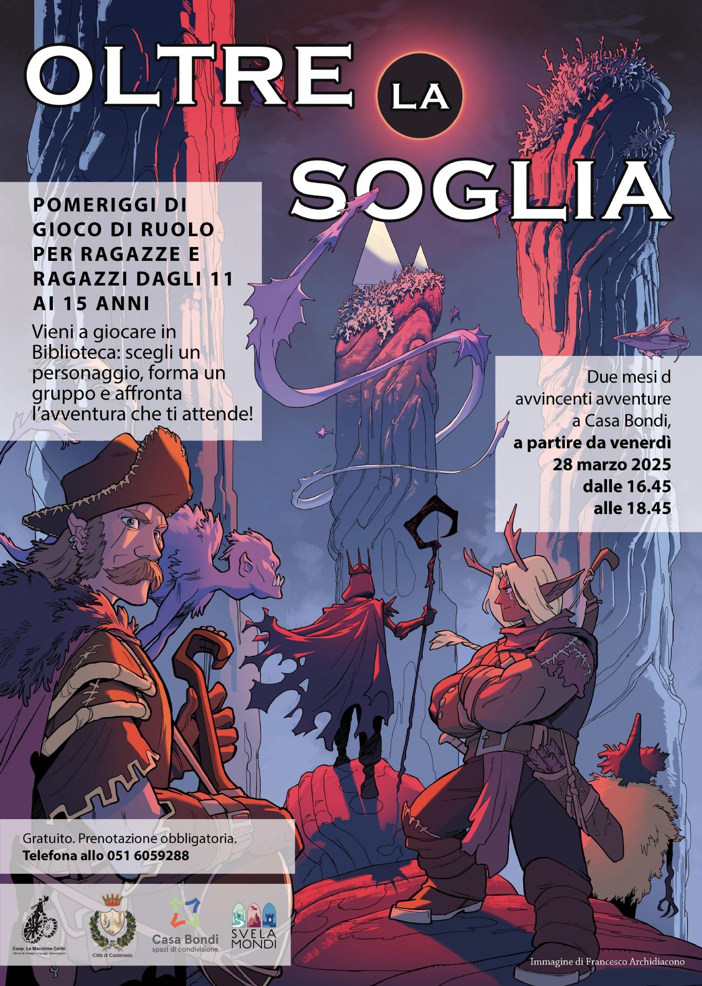 Locandina dell'evento di gioco di ruolo per ragazzi, sfondo illustrazione fantasy e informazioni pratiche sull'evento.