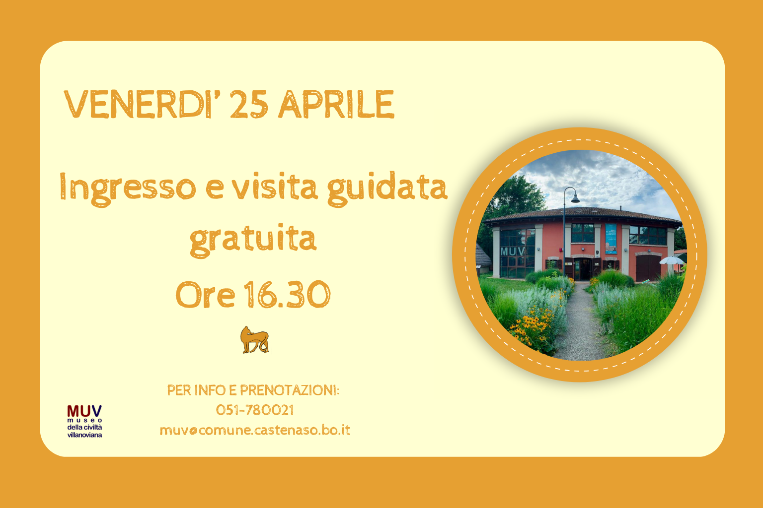 Locandina ingresso e visita guidata gratuita. Tonalità sfondo giallo chiaro/scuro. Fotografia del MUV