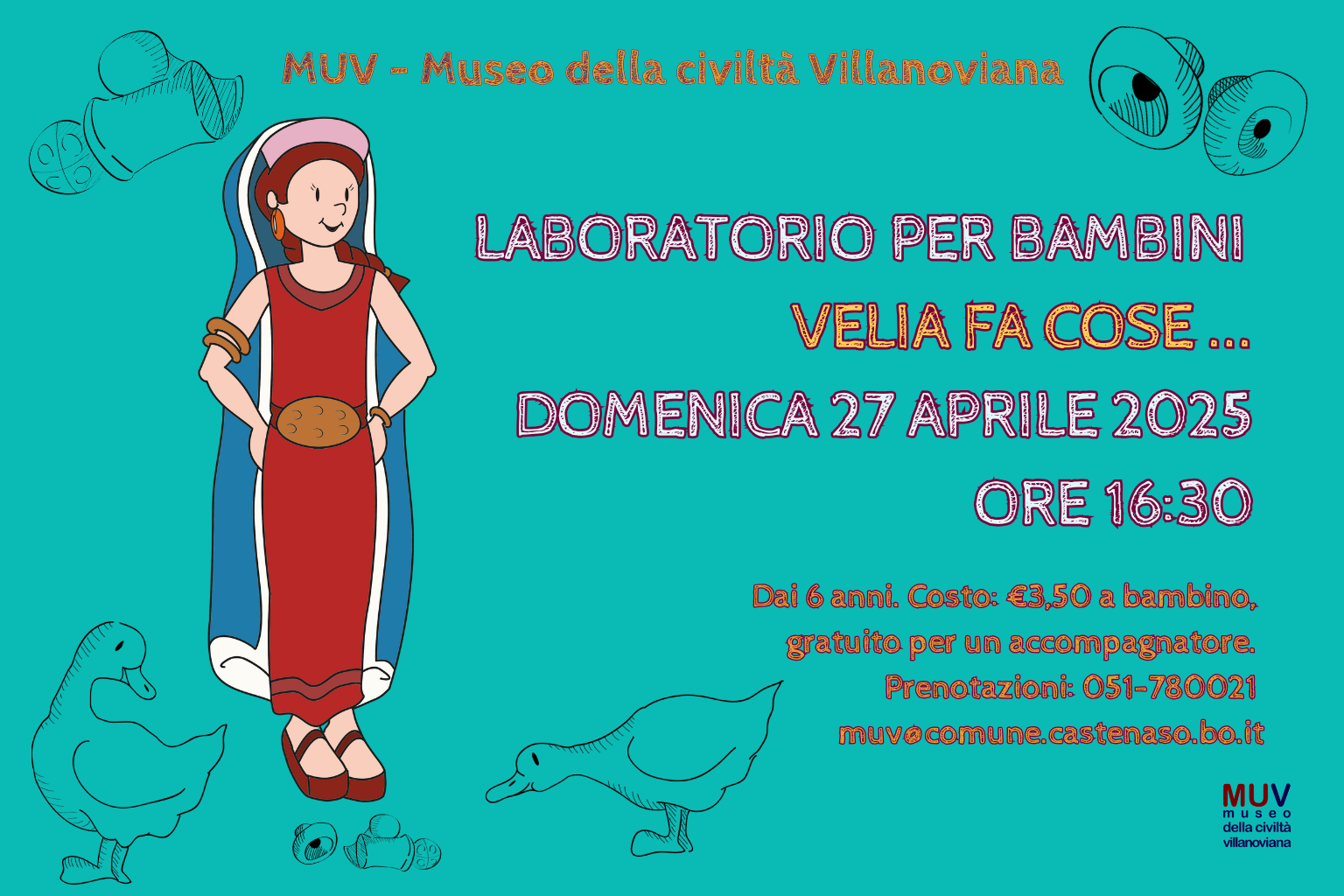 Locandina laboratorio bambini: Velia fa cose... Tonalità sfondo blu con animali e oggetti in primo piano. l'immagine di una ragazza che indossa un vestito rosso