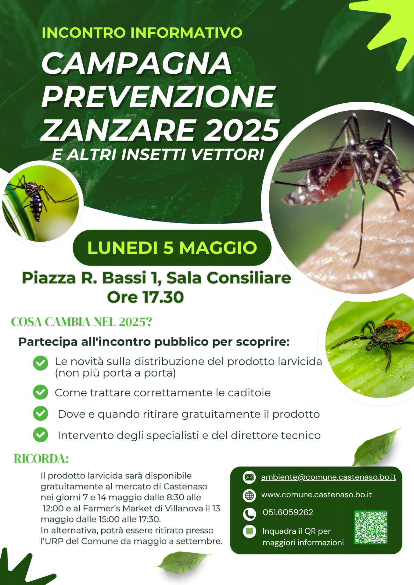 Locandina informativa dell'evento campagna di prevenzione contro le zanzare e altri insetti vettori. Sfondo bianco/verde