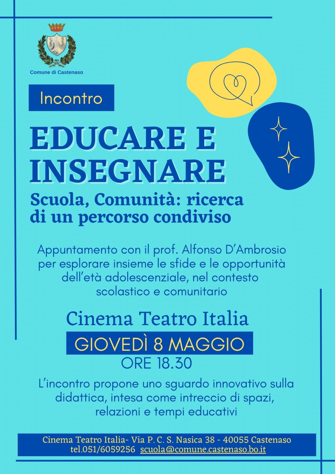 Locandina evento "Educare e insegnare, scuola e comunità" sfondo azzurro/blu, testo blu/giallo