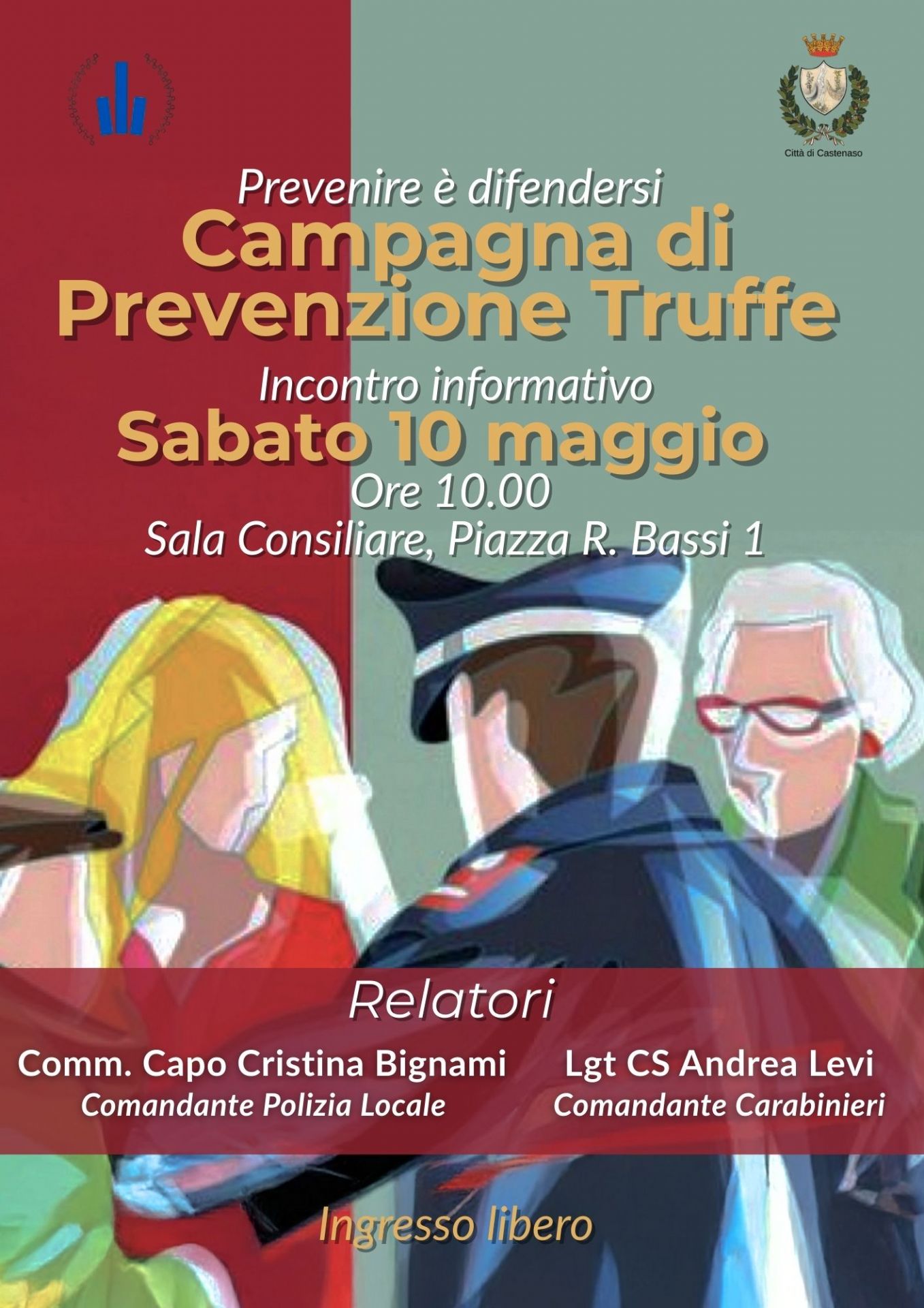Locandina dell'evento prevenzione truffe. In primo piano c'è un disegno stilizzato di un carabiniere che parla con due anziani, accompagnato da testi informativi su un incontro su sfondo rosso e verde.