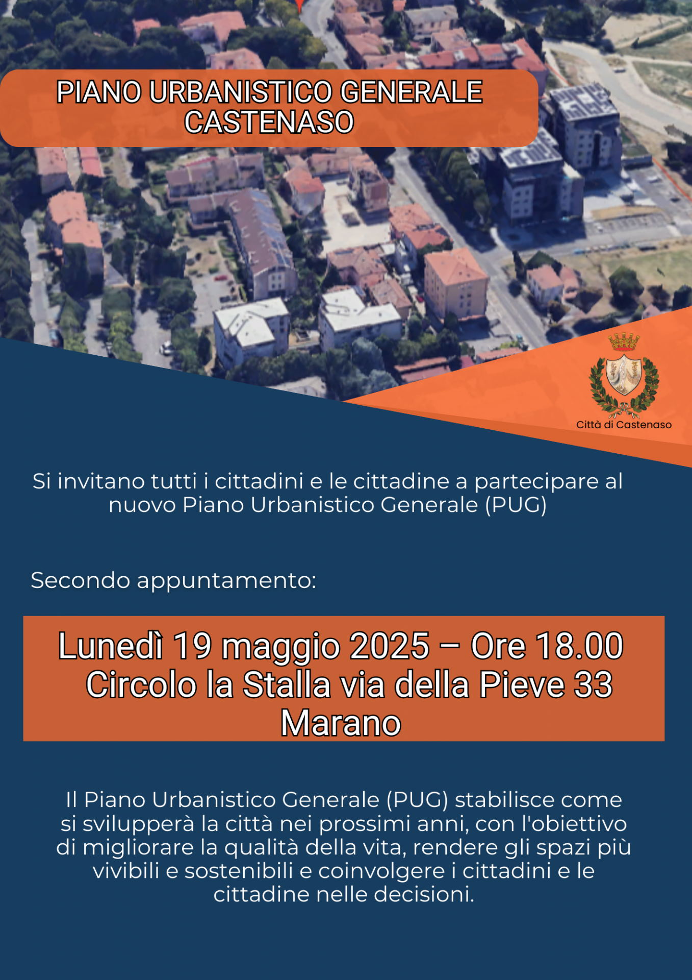 Locandina Piano urbanistico Generale. Fotografia di Castenaso dall'alto (google earth) informazione generale degli incontri aperti alla cittadinanza.