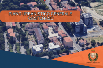 Locandina Piano urbanistico Generale. Fotografia di Castenaso dall'alto (google earth) informazione generale degli incontri aperti alla cittadinanza.