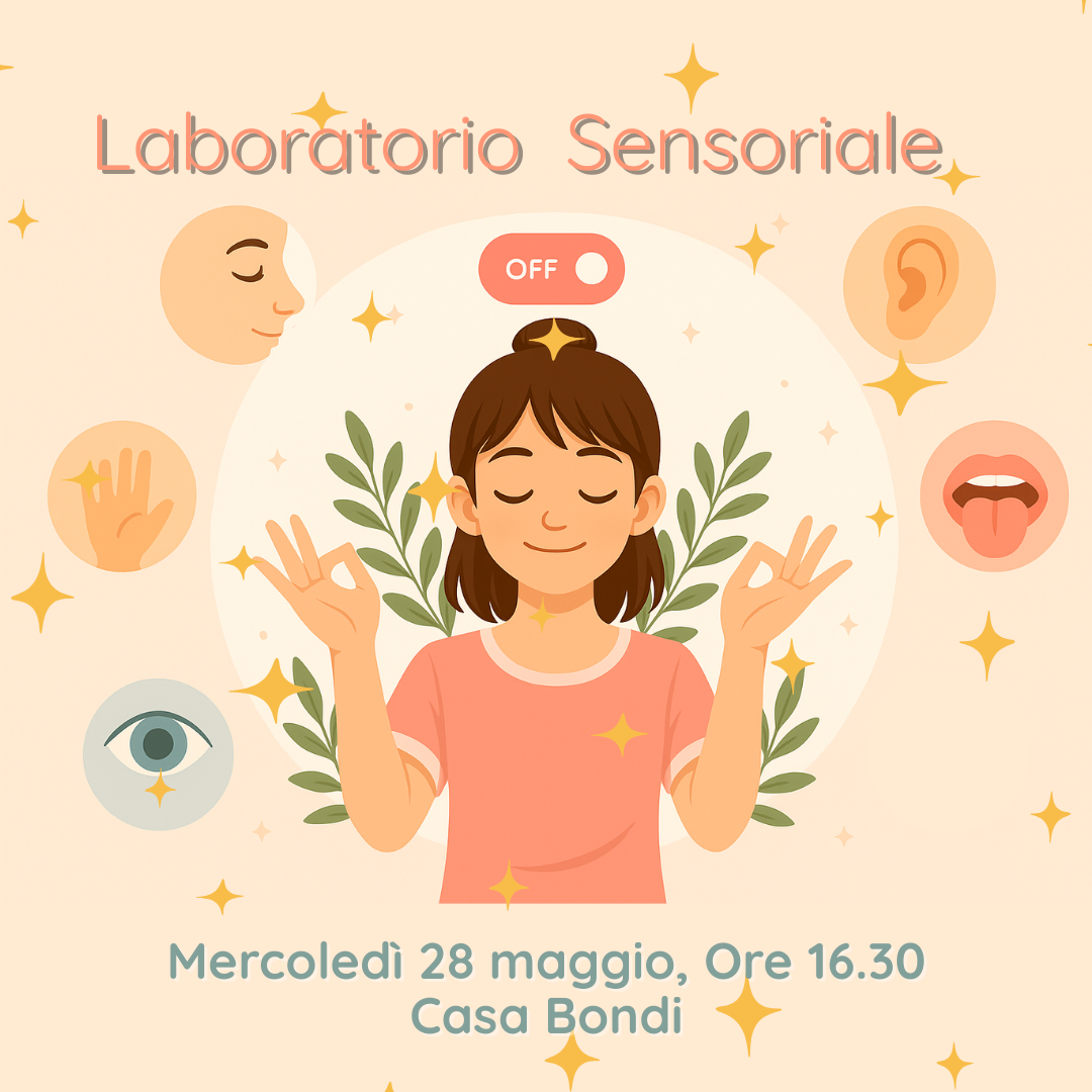 L'immagine mostra una bambina in meditazione, con gli occhi chiusi e le mani unite, circondata da rappresentazioni dei cinque sensi e un interruttore "OFF".