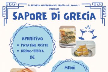 Locandina Sapore di Grecia" organizzato dal Reparto Aldebaran del Gruppo Villanova. Aperitivo, menù greco, giochi, uno sguardo sul gemellaggio tra Castenaso e Rethymno e show cooking. Sfondo bianco, testo blu