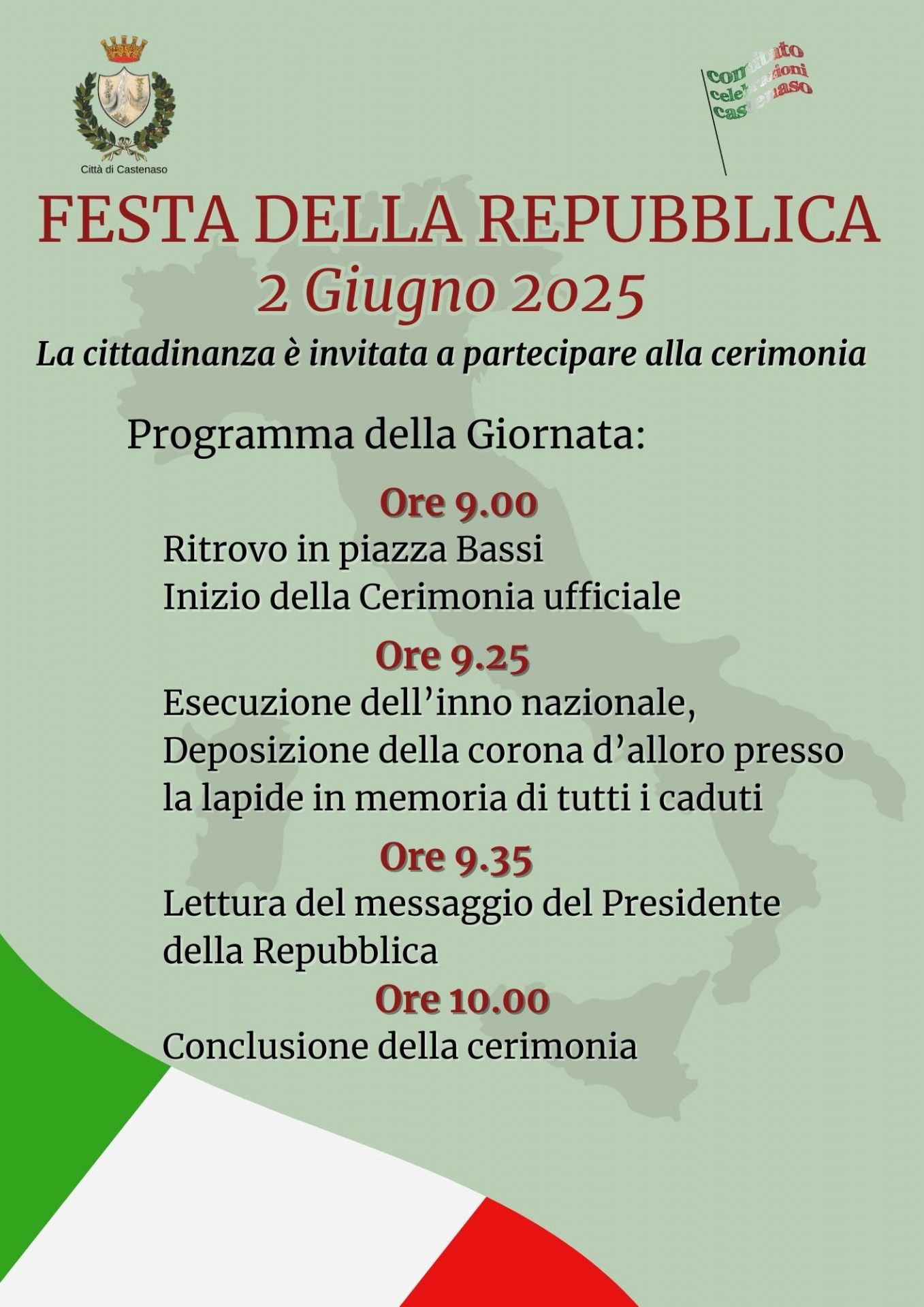Locandina per la Festa della Repubblica del 2 giugno 2025 a Castenaso, sfondo verde chiaro e la bandiera italiana in diagonale e in basso a sinistra, contiene il programma della cerimonia include il ritrovo, l'inno nazionale, la deposizione della corona, la lettura del messaggio presidenziale e la conclusione.
