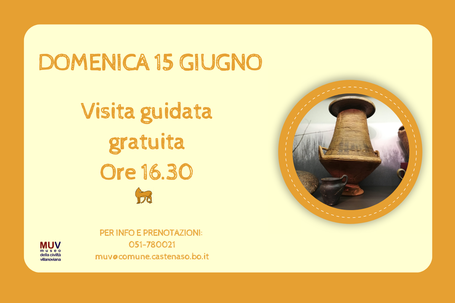Immagine MUV domenica 15 giugno 2025  Visita guidata ore 16:30. Sfondo giallo oscuro/chiaro.