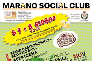 L'immagine è un manifesto dai colori vivaci, prevalentemente giallo e rosso, con disegni che richiamano cibo, musica e divertimento. Locandina dell'evento del Marano Social Club