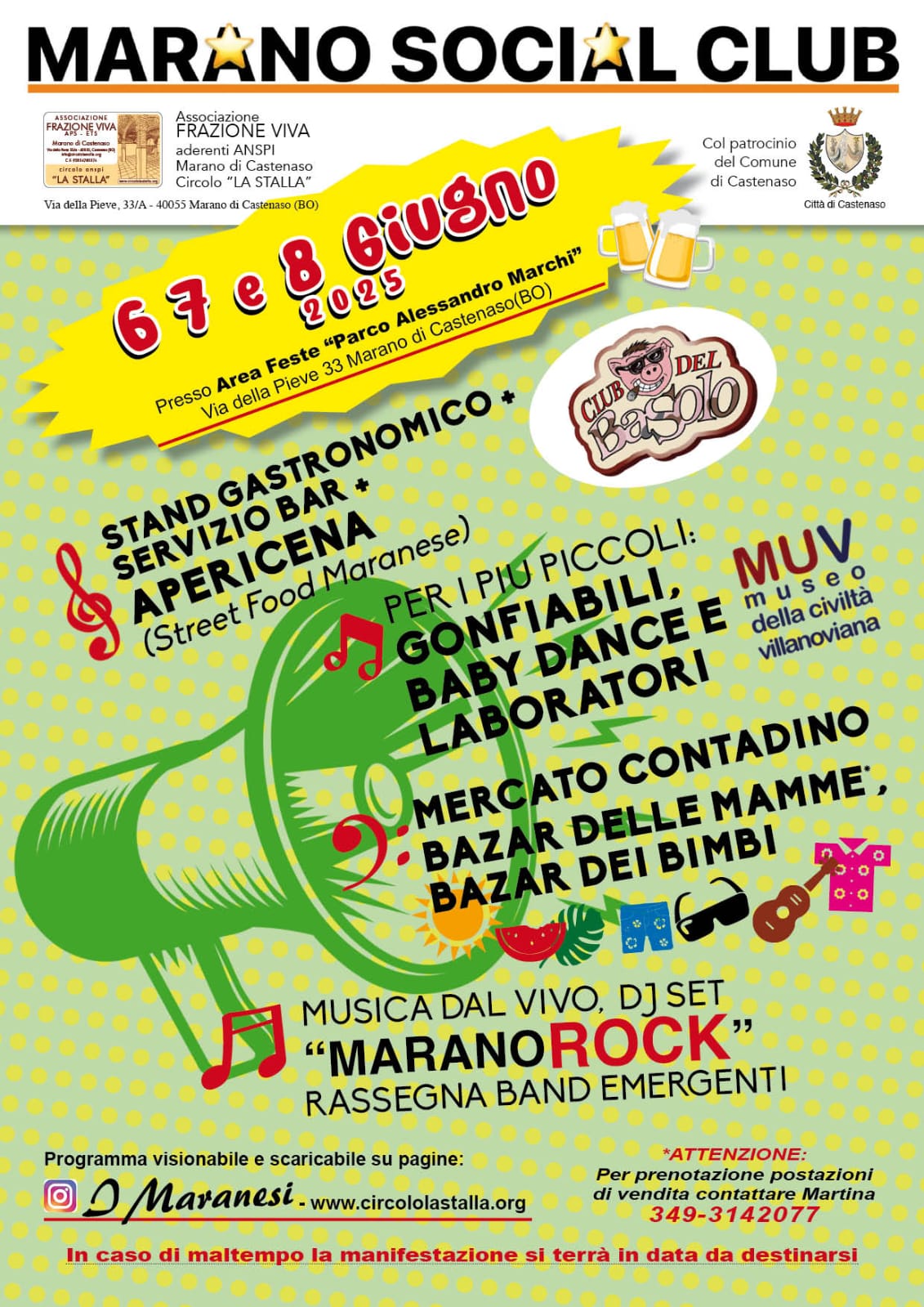 L'immagine è un manifesto dai colori vivaci, prevalentemente giallo e rosso, con disegni che richiamano cibo, musica e divertimento. Locandina dell'evento del Marano Social Club