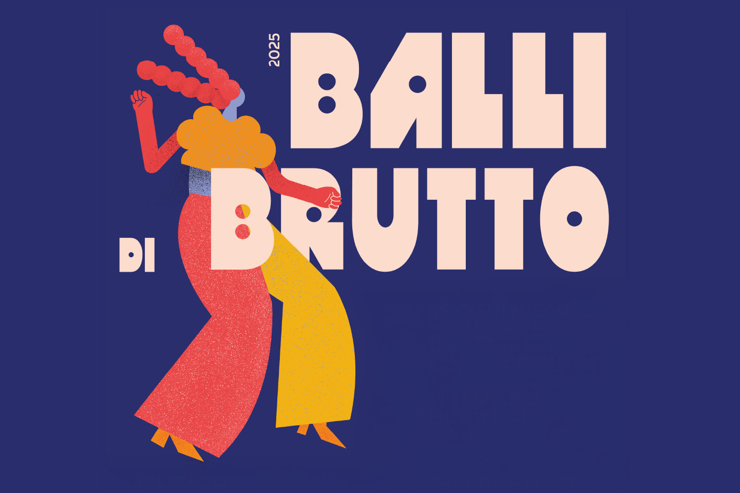 locandina dell'evento con fondo blu, scritta in bianco e donna danzante illustrata