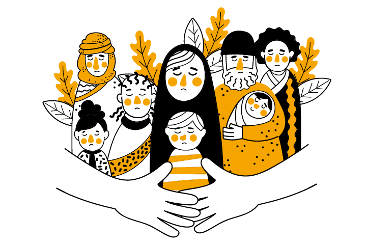 locandina dell'evento con titolo in giallo e illustrazioni di mani che abbracciano persone di diverse etnie