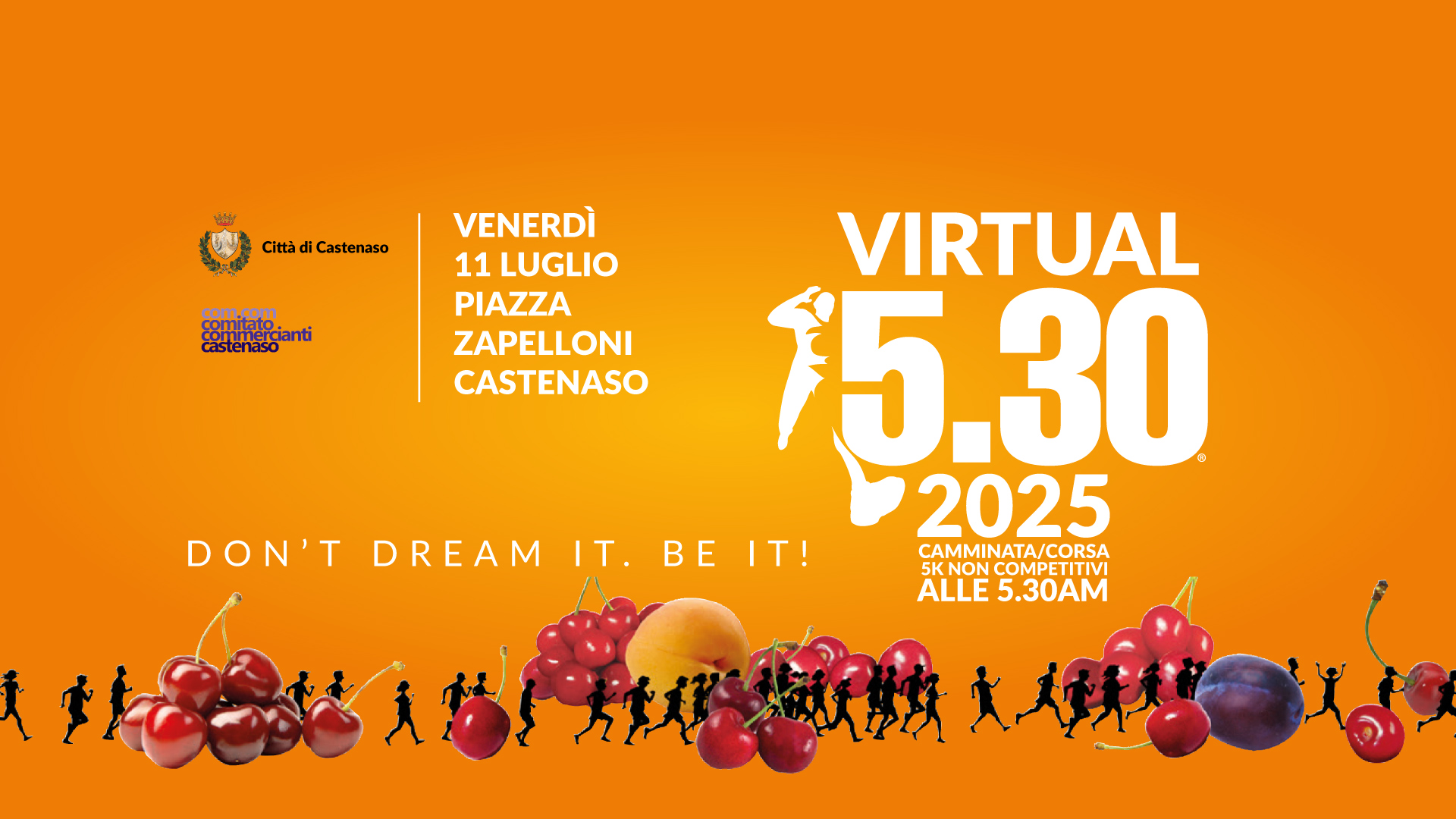 manifesto dell'iniziativa su fondo arancione con indicato orario e luogo di partenza e titolo "Virtual 5.30 2025"
