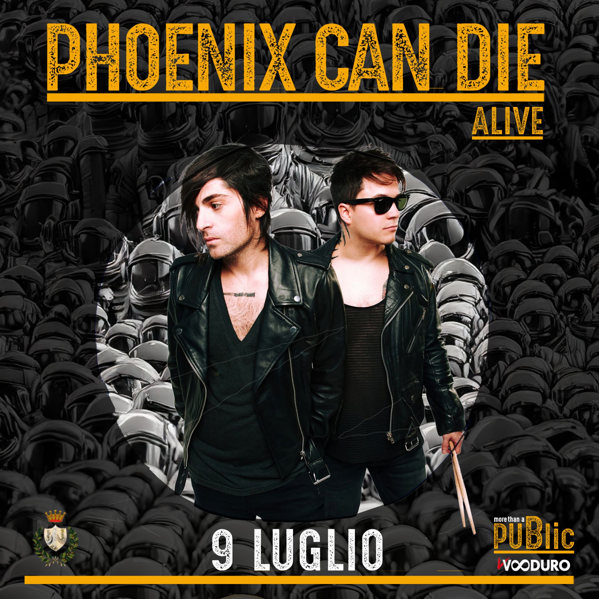 Locandina evento con i due dj Phoenix Can Die al centro