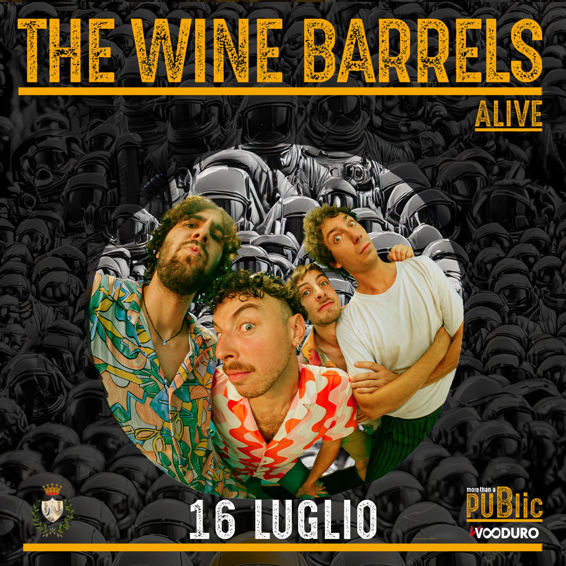 Locandina evento con i quattro componenti dei The Wine Barrels