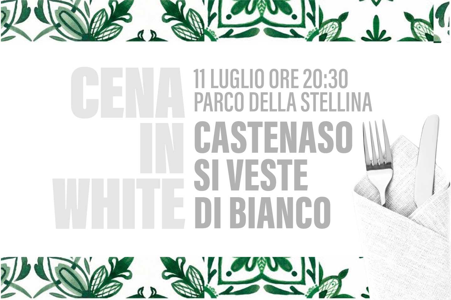 Locandina dell'evento con il titolo "Cena in white"