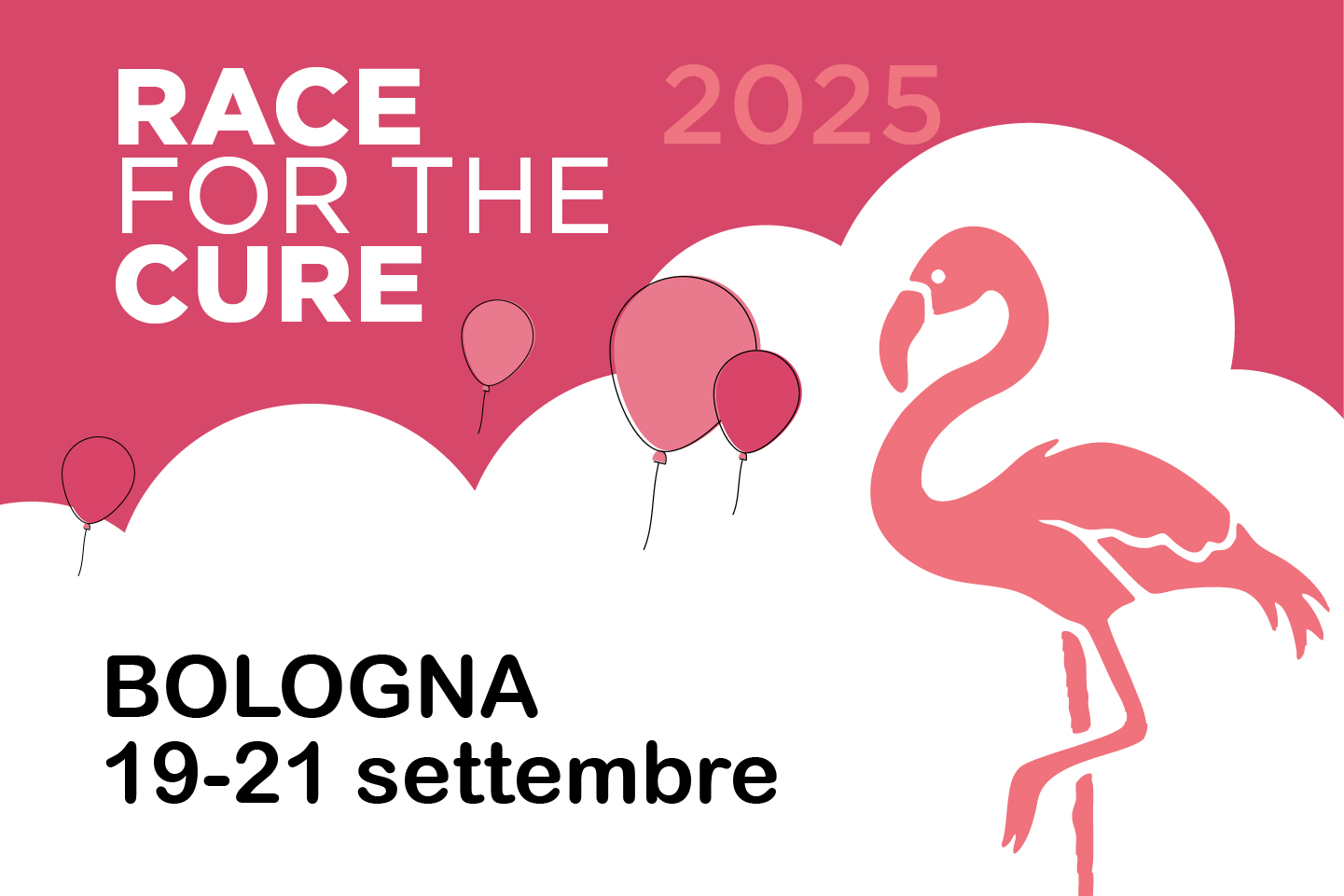 Locandina dell'evento con un fenicottero rosa e la scritta Race for the cure