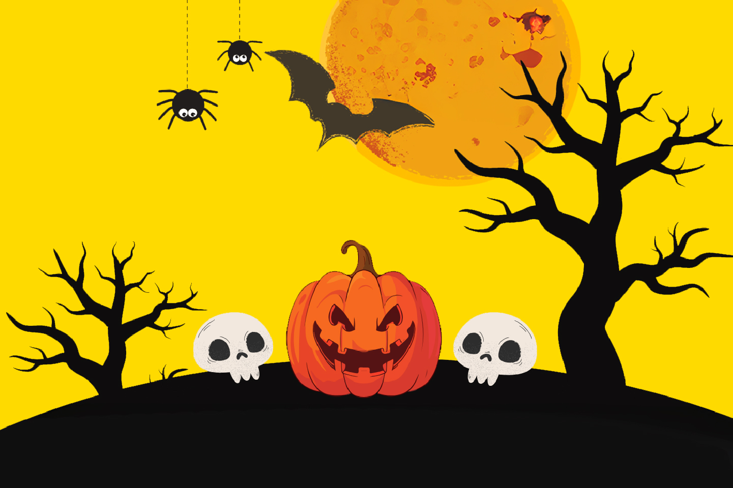 una zucca con teschi, ragni e pipistrelli tutt'attorno