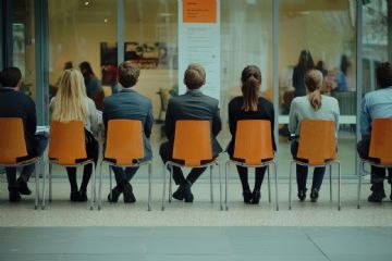 ci sono sei persone (uomini e donne) seduti da spalle, attendono un colloquio di lavoro.