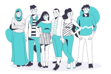 Illustrazione sei ragazzi in piedi, tonalità della foto blu/bianco. Integrazione culturale