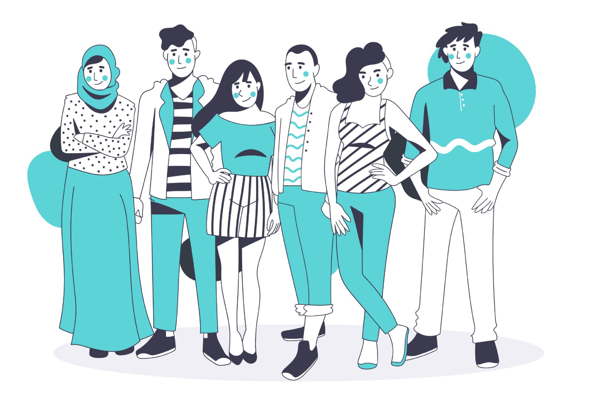 Illustrazione sei ragazzi in piedi, tonalità della foto blu/bianco. Integrazione culturale