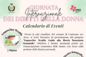 Locandina giorno internazionale dei diritti delle donne, sfondo rossa/verde chiaro. 
Parte inferiore destra compare la sagoma di una donna con i capelli legati in alto e dei fiori che la circondano.