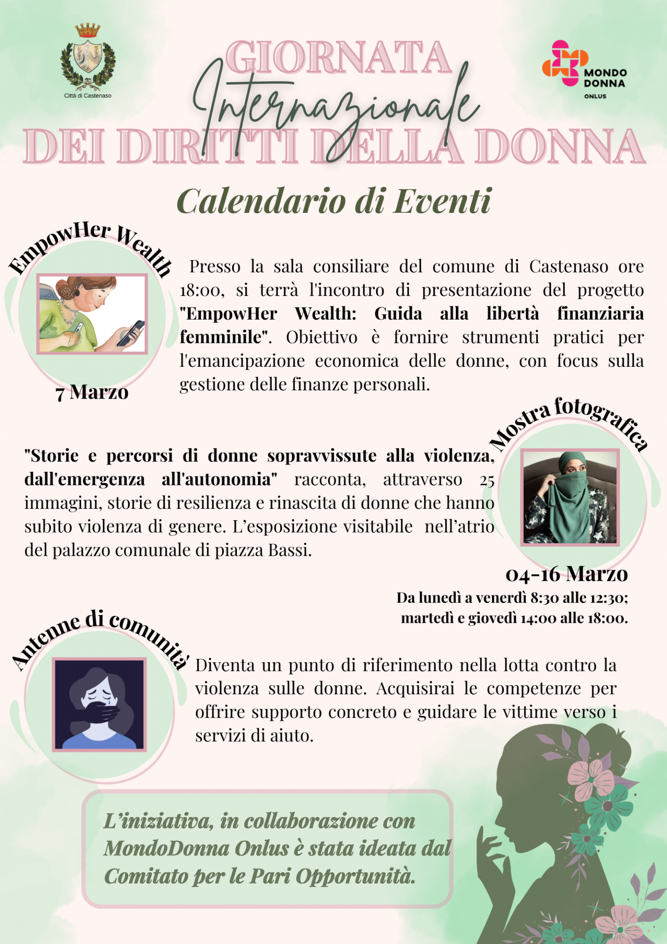 Locandina giorno internazionale dei diritti delle donne, sfondo rossa/verde chiaro. 
Parte inferiore destra compare la sagoma di una donna con i capelli legati in alto e dei fiori che la circondano.