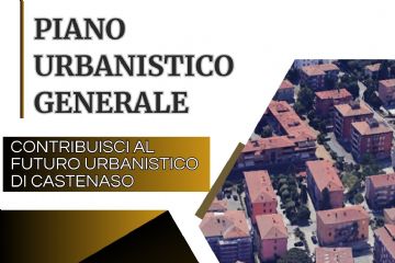 Locandina Piano urbanistico Generale. Fotografia di Castenaso dall'alto (google earth) informazione generale dell'incontro aperto alla cittadinanza.