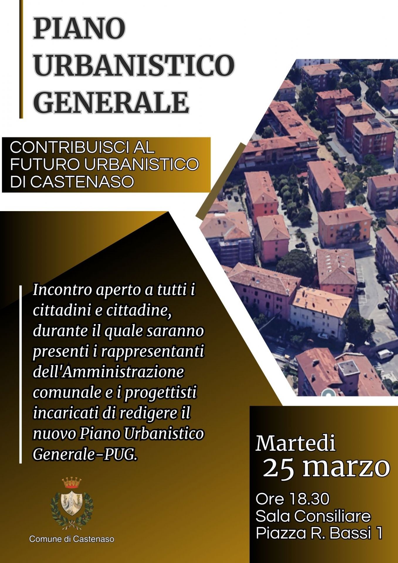 Locandina Piano urbanistico Generale. Fotografia di Castenaso dall'alto (google earth) informazione generale dell'incontro aperto alla cittadinanza.
