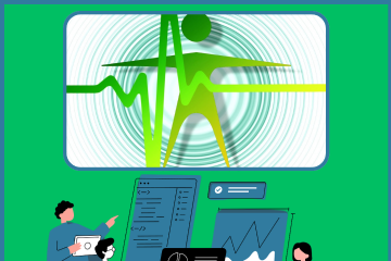 Immagine tipo illustrazione, sfondo verde con 3 persone che analizzano i dati raccolti.