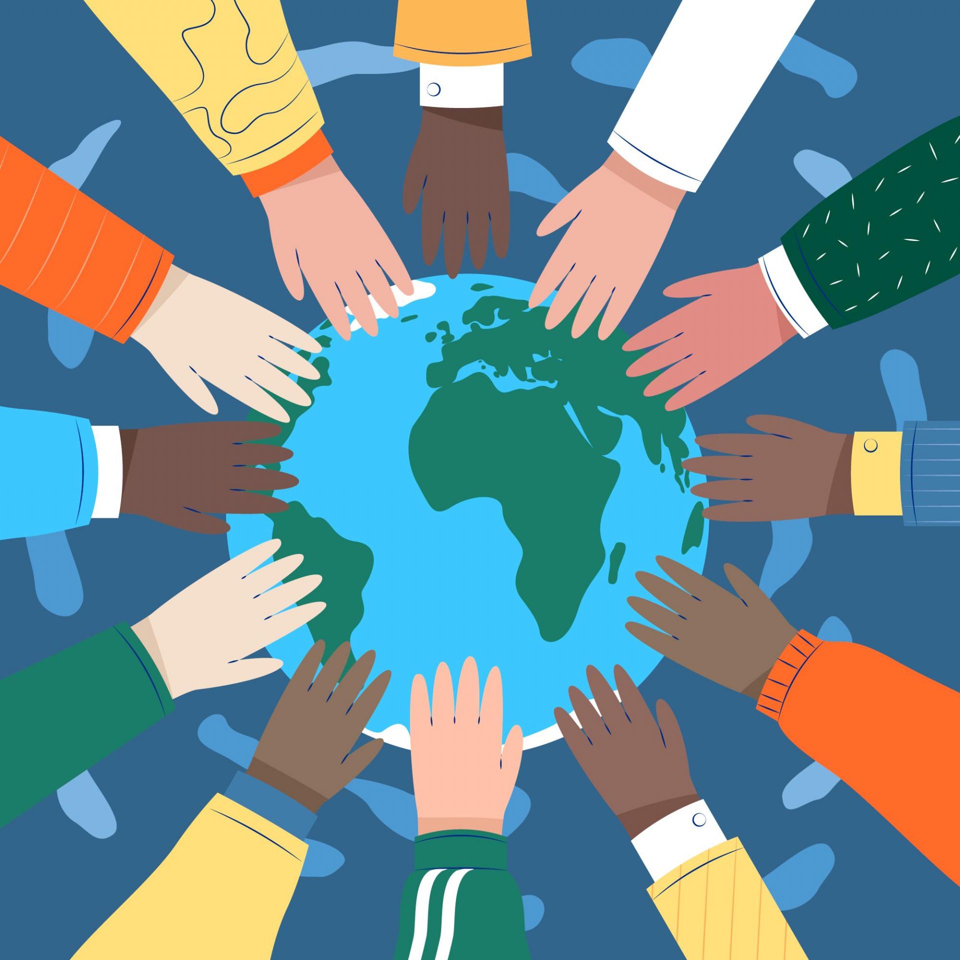 Un mappamondo illustrato è al centro di una composizione circolare, dove mani di diverse culture si uniscono.