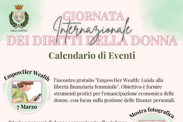 Locandina giornata internazionale della donna contenente del programma, sfondo rossa/verde. Nell'angolo sotto a destra c'è la sagoma di una donna coperta da fiori.