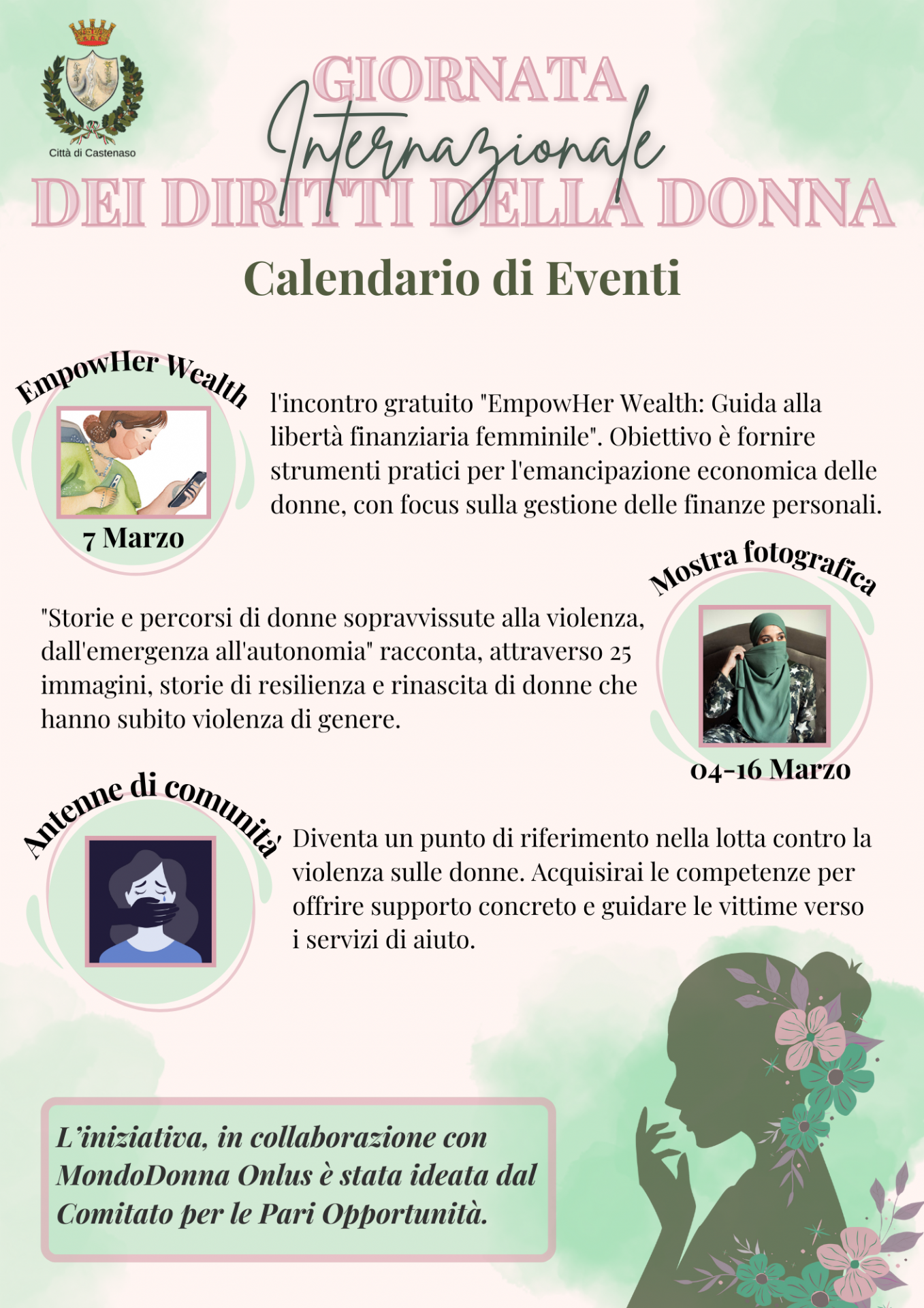 Locandina giornata internazionale della donna contenente del programma, sfondo rossa/verde. Nell'angolo sotto a destra c'è la sagoma di una donna coperta da fiori.