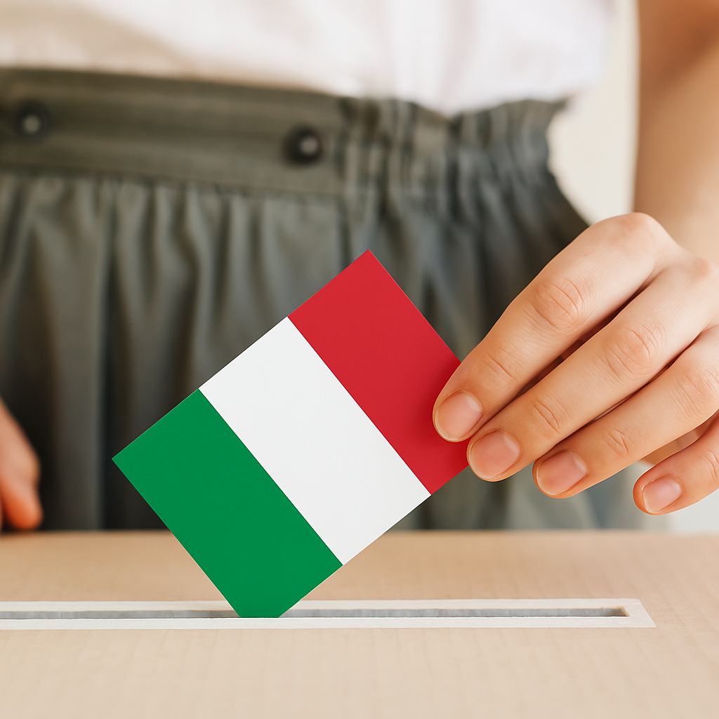 Immagine di una persona che inserisce una scheda elettorale con la bandiera italiana in un'urna di cartone durante un'elezione.