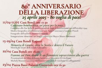 Locandina l'80° anniversario della Liberazione, il programma di eventi include mostre, presentazioni di libri, celebrazioni e musica. L'immagine di sfondo è un acquerello intitolato "La libertà va coltivata" di Maria Grazia Miraggi.
