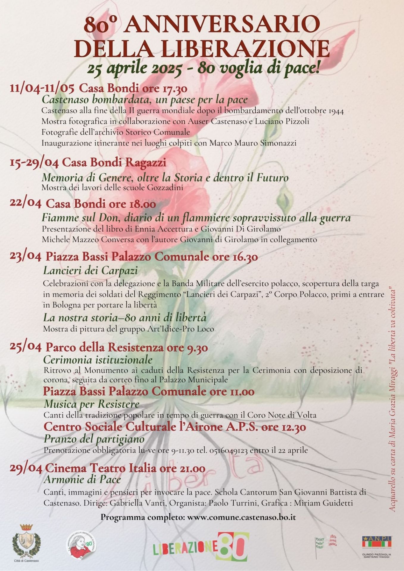 Locandina l'80° anniversario della Liberazione, il programma di eventi include mostre, presentazioni di libri, celebrazioni e musica. L'immagine di sfondo è un acquerello intitolato "La libertà va coltivata" di Maria Grazia Miraggi.