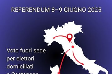 Mappa dell’Italia con frecce che indicano spostamenti verso l’Emilia-Romagna, per rappresentare il voto fuori sede; testo in evidenza sul referendum.