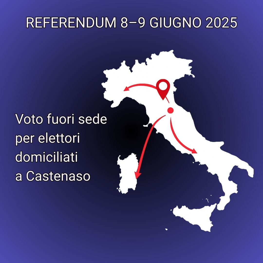 Mappa dell’Italia con frecce che indicano spostamenti verso l’Emilia-Romagna, per rappresentare il voto fuori sede; testo in evidenza sul referendum.