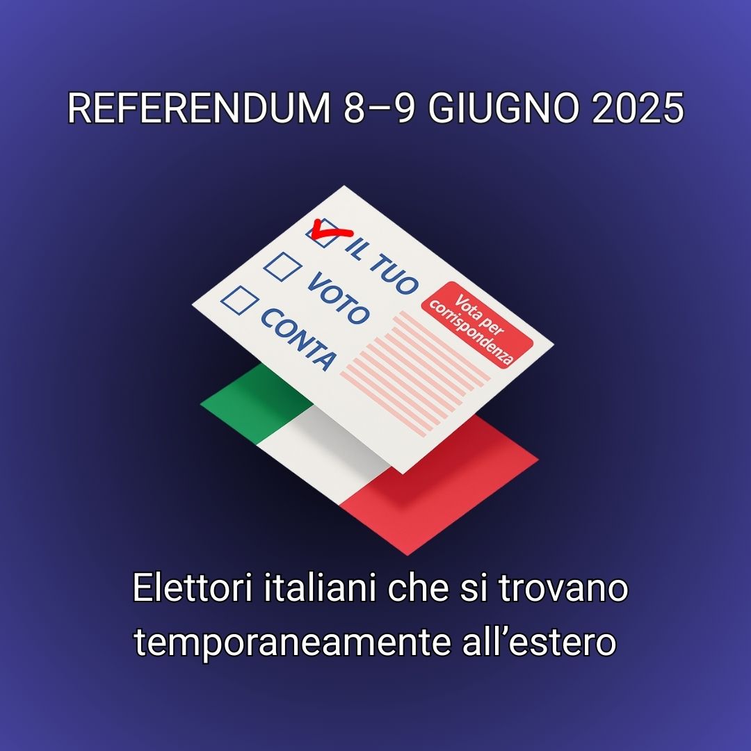 Immagine di una scheda elettorale in primo piano che riporta la scritta “IL TUO VOTO CONTA”, sopra una busta con i colori della bandiera italiana. Sfondo blu. Testo relativo al Referendum 2025