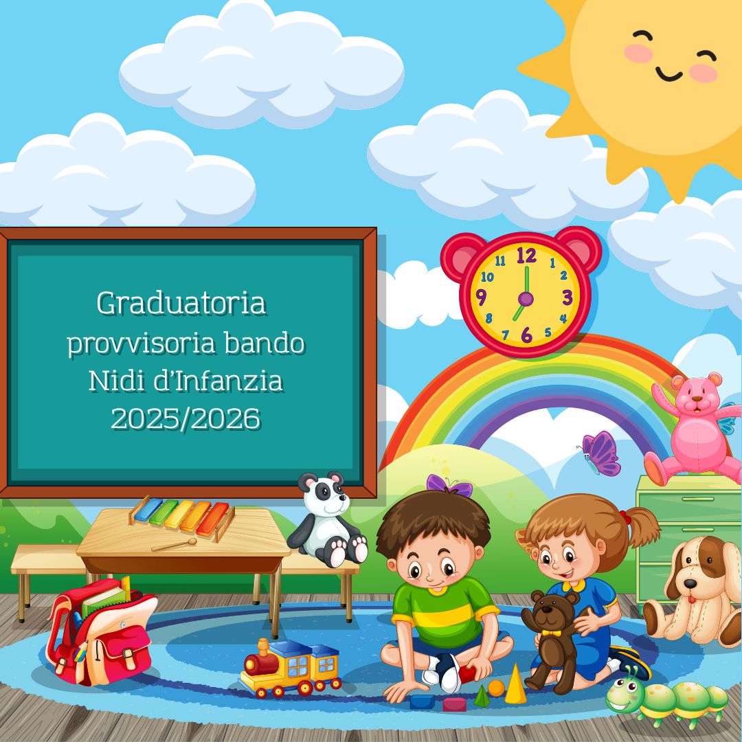 Immagine di un asilo nido, un bimbo e una bambina giocano. Testo "graduatoria provvisoria bando nidi d'infanzia 2025/2026" scritto sulla lavagna 